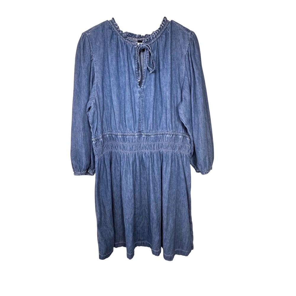 Gap Denim Dress Womens XXL Blue Cotton Ruffle Neck Tie Smocked Waist Long Sleeve